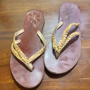 O'Rageous Womens Braided Thong Flip Flop Sandals Brown Tan Tropical Floral